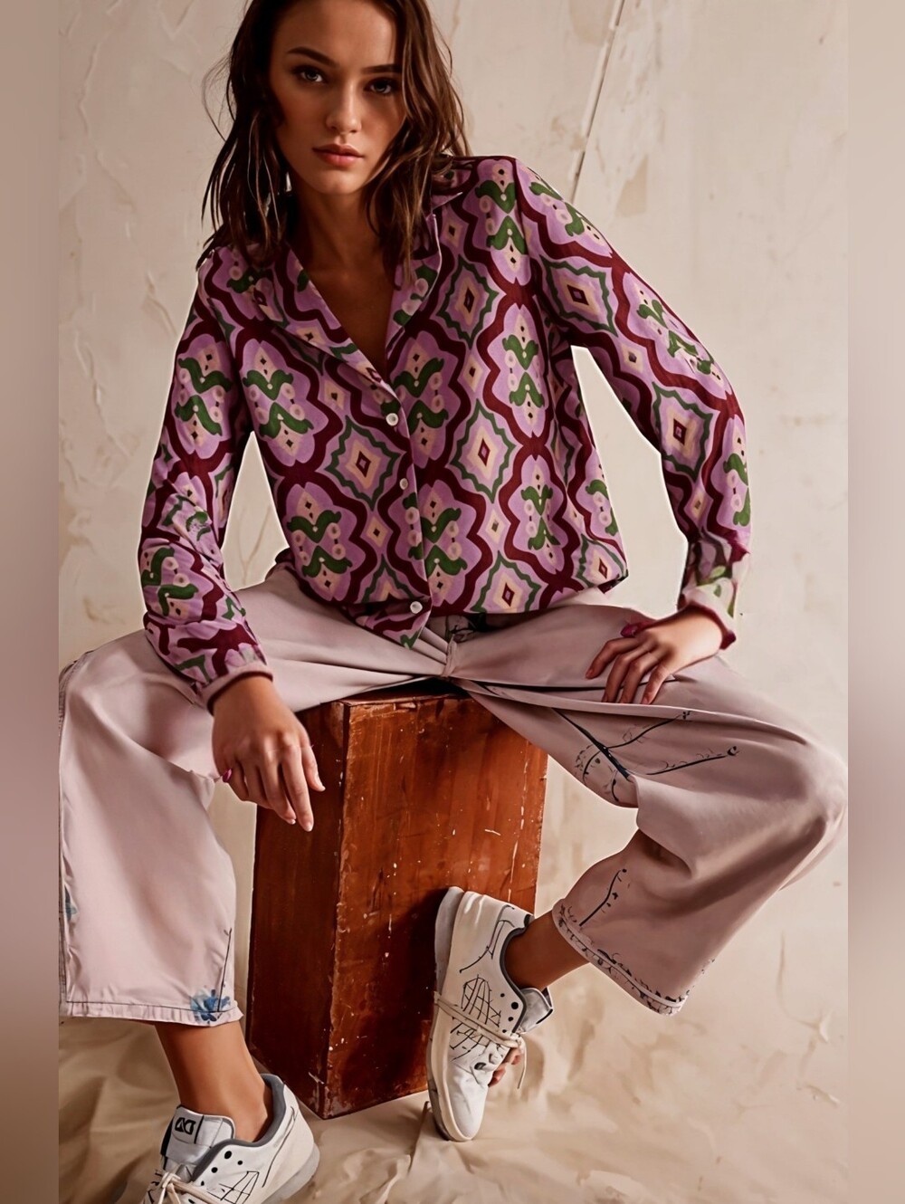 ZARA Moroccan Print Button-Down Shirt-Pink Multi